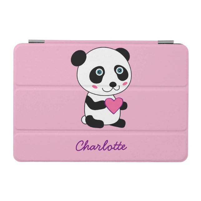 Cute Panda with a Pink Heart Personalized iPad Mini Cover (Horizontal)