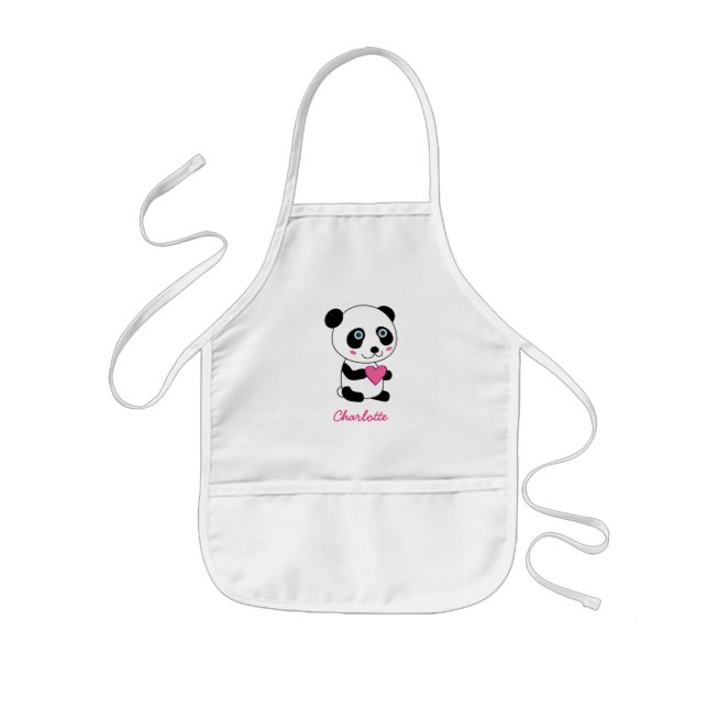 Cute Panda with a Pink Heart Personalized Kids' Apron (Front)