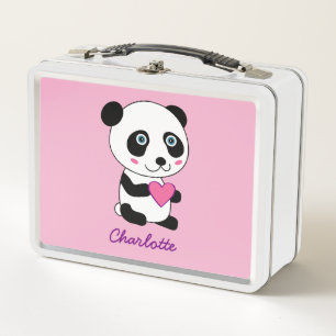 Cute Panda with a Pink Heart Personalized Lunch Bo Metal Lunch Box