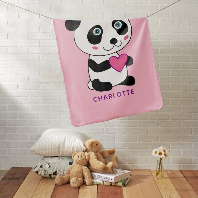 Cute Panda with a Pink Heart Personalized Name  Baby Blanket (In Situ)