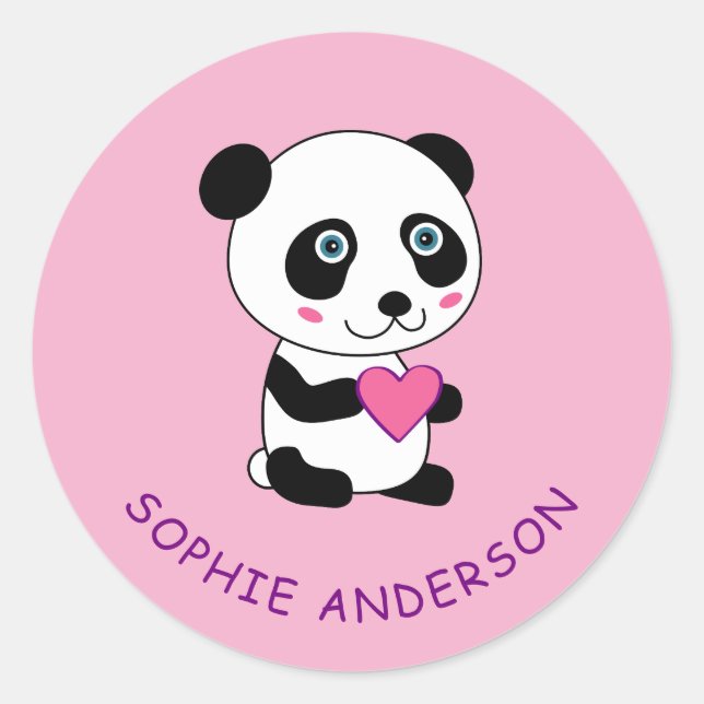 Cute Panda with a Pink Heart Personalized Name  Classic Round Sticker (Front)