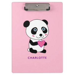 Cute Panda with a Pink Heart Personalized Name Clipboard