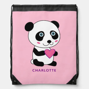 Cute Panda with a Pink Heart Personalized Name  Drawstring Bag