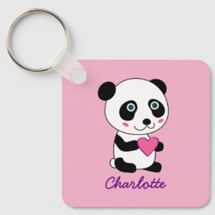 Cute Panda with a Pink Heart Personalized Name  Keychain