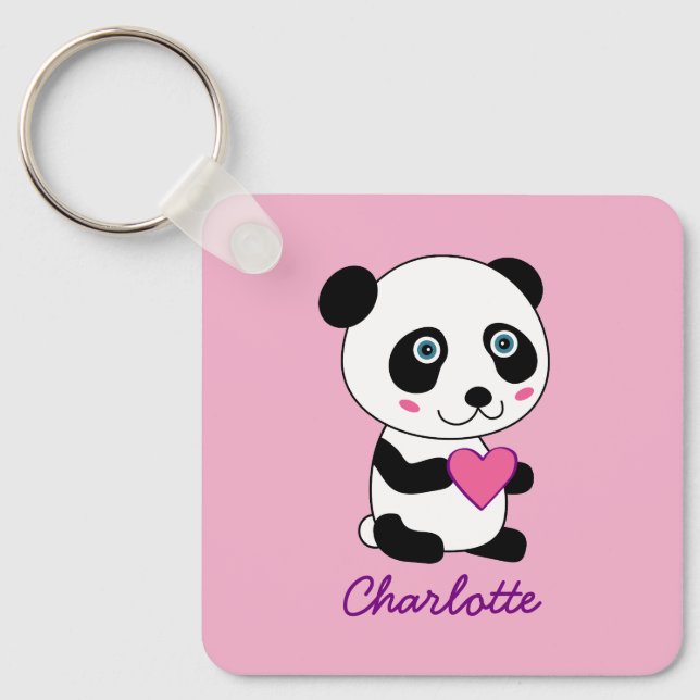 Cute Panda with a Pink Heart Personalized Name  Keychain (Front)