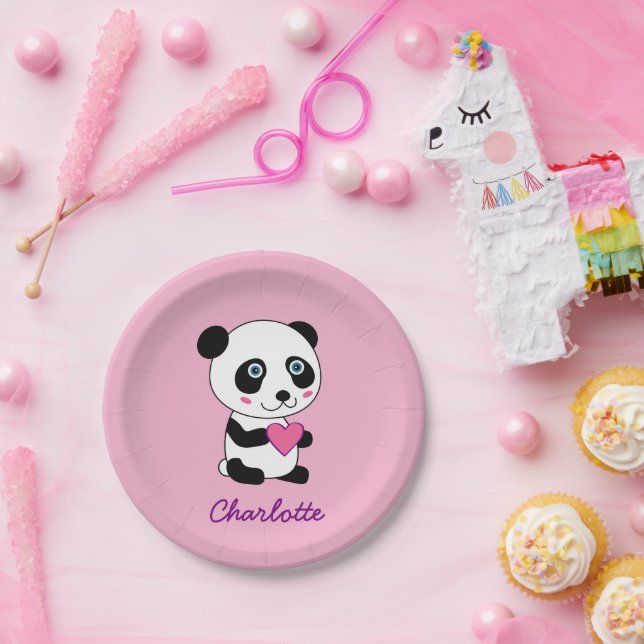 Cute Panda with a Pink Heart Personalized Name Mel Paper Plates (Party)