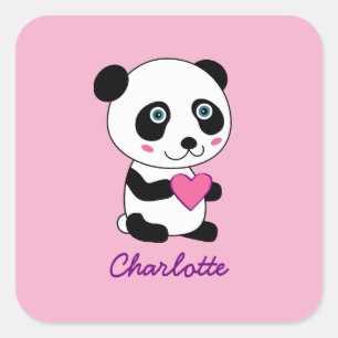 Cute Panda with a Pink Heart Personalized Name Square Sticker