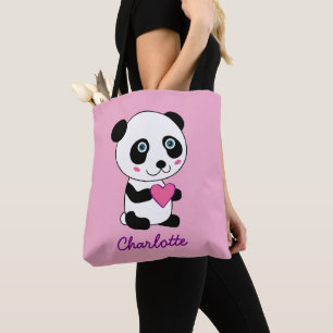Cute Panda with a Pink Heart Personalized Name Tote Bag