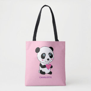 Cute Panda with a Pink Heart Personalized Name  Tote Bag
