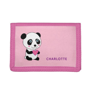Cute Panda with a Pink Heart Personalized Name Tri-fold Wallet