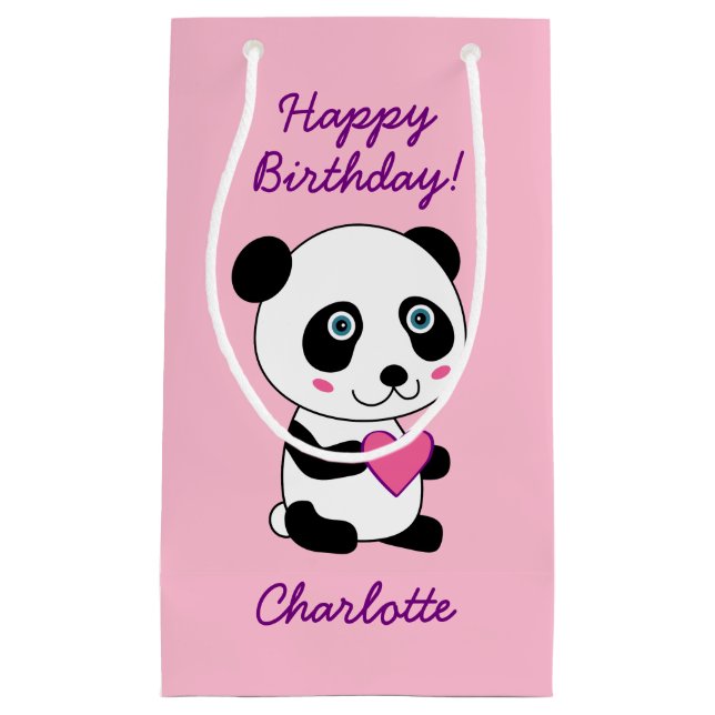 Cute Panda with a Pink Heart Personalized Small Gift Bag (Front)