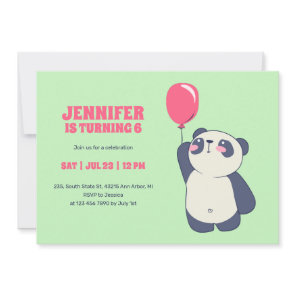 Cute Panda With Balloon Cartoon Kids Birthday Invitation