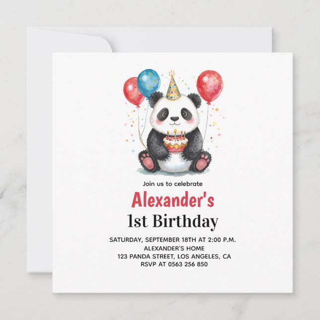 Cute Panda with Balloons & Cake 1st birthday (Front)