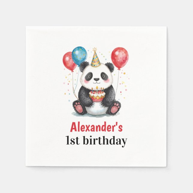 Cute Panda with Balloons & Cake 1st birthday Napkins (Front)