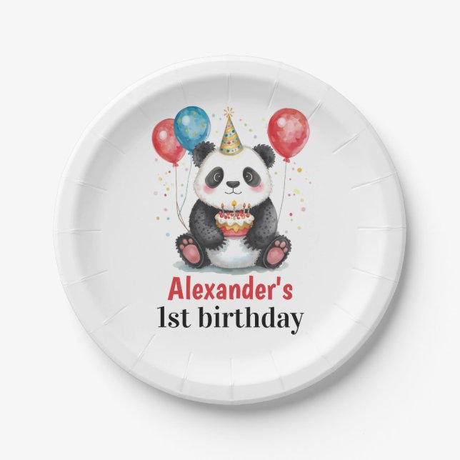 Cute Panda with Balloons & Cake 1st birthday Paper Plates (Front)