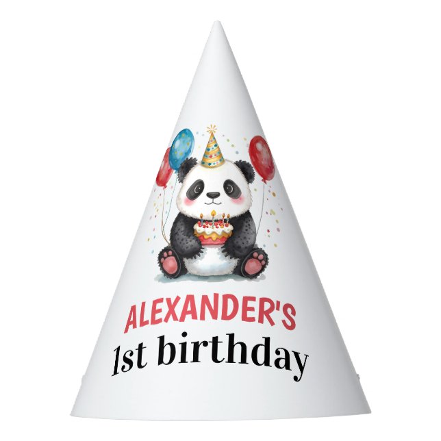 Cute Panda with Balloons & Cake 1st birthday Party Hat (Front)
