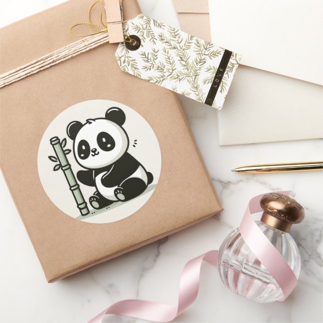 Cute Panda With Bamboo Classic Round Sticker (Gifting)