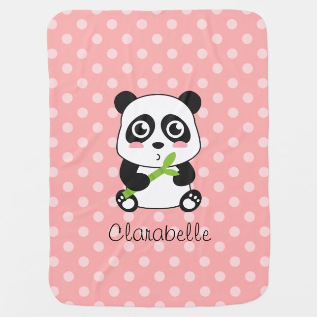 Cute Panda with Bamboo, Pink Polka Dots Receiving Blanket (Front)