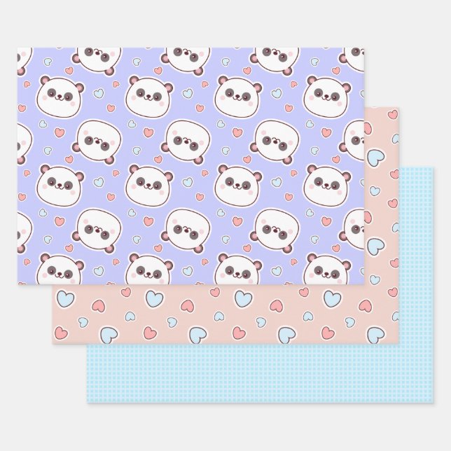 Cute panda with birthday hearts wrapping paper sheets (Set)