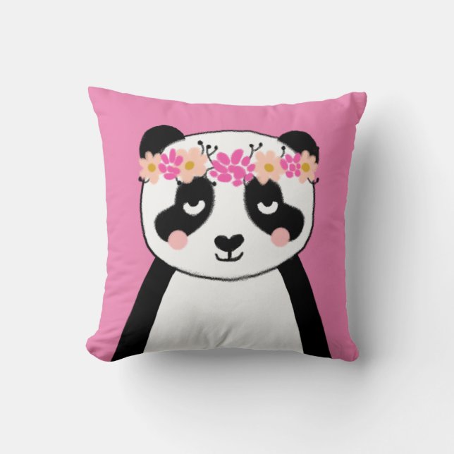 Cute Panda with Flowers girls room pillow decor (Front)