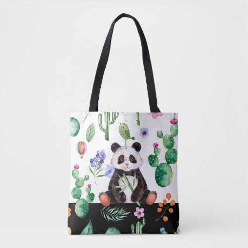 Cute Panda With Green Bird  Cactus Pattern Tote Bag