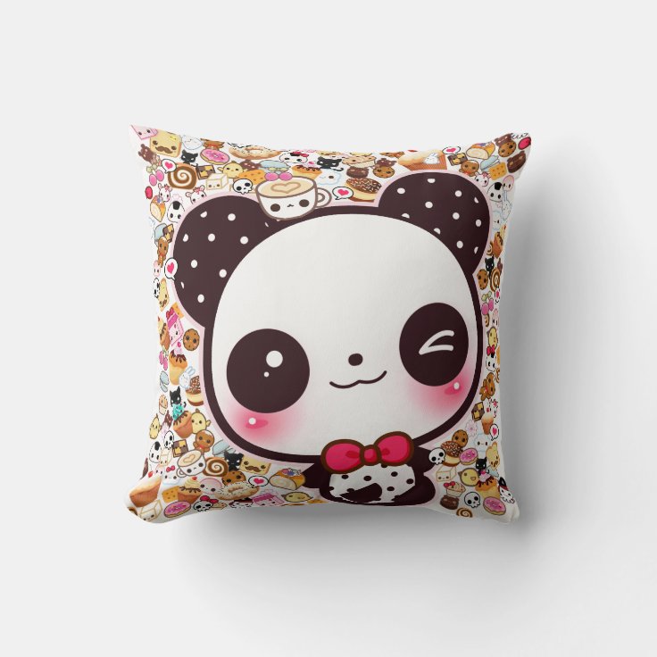 Cute panda with kawaii food and animals throw pillow | Zazzle