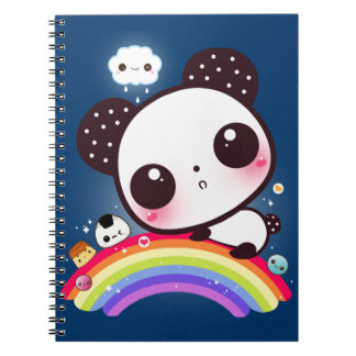 Cute panda with kawaii food on rainbow notebook