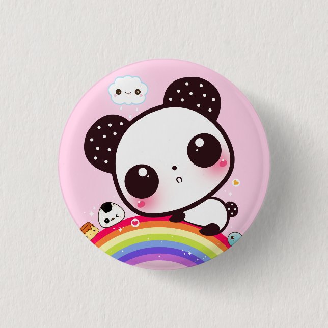 Cute panda with kawaii food on rainbow pinback button (Front)