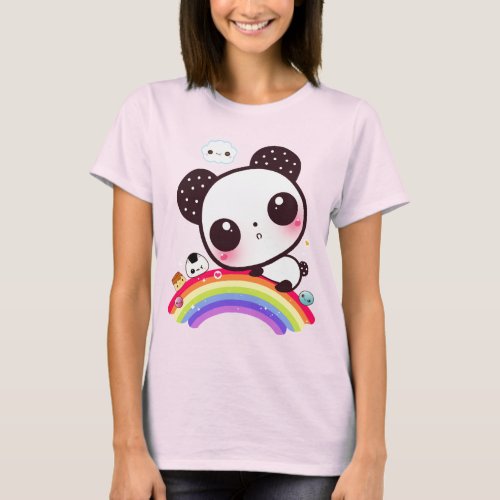 Cute panda with kawaii food on rainbow T_Shirt