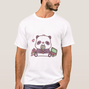 Cute Panda With Lollipop Cupcakes Donuts Sweet Too T-Shirt