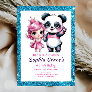 Cute panda with princess birthday invitation
