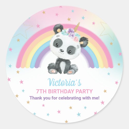 Cute Pandacorn Panda Birthday Party Rainbow Favor  Classic Round Sticker