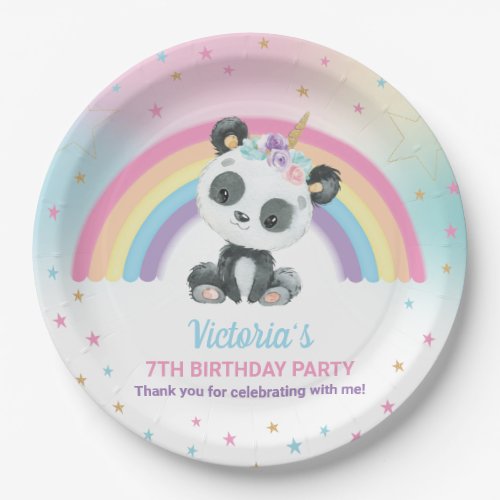 Cute Pandacorn Panda Birthday Party Rainbow  Paper Plates