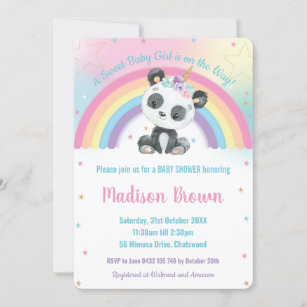 Cute Pandacorn Panda Rainbow Baby Shower Invitation