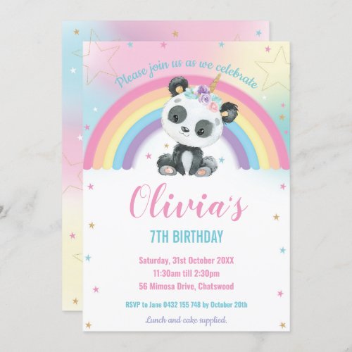 Cute Pandacorn Panda Rainbow Birthday Party  Invitation
