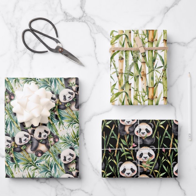 Cute Pandas and Bamboo  Wrapping Paper Sheets (Front)