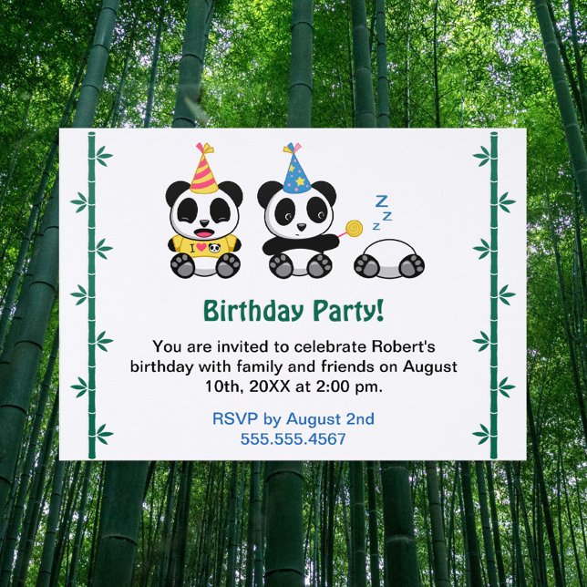 Cute Pandas Bamboo Birthday Party Invitition Letterpress Photo Cards (Creator Uploaded)
