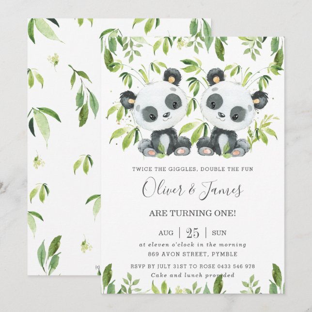 Cute Pandas Bamboo Greenery Twin Boys Birthday  Invitation (Front/Back)