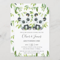 Cute Pandas Bamboo Greenery Twin Boys Birthday  Invitation