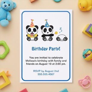 Cute Pandas Birthday Party Letterpress Photo Cards
