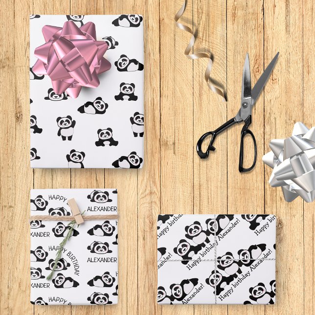 Cute Pandas Black and White Pattern Personalized 3 Wrapping Paper Sheets (Creator Uploaded)
