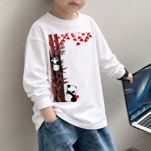 Cute Pandas Climbing Bamboo with Hearts Kids Long Tri-Blend Shirts