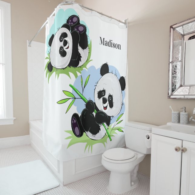 Cute Pandas custom name shower curtain (In Situ)
