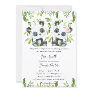 Cute Pandas Green Bamboo Greenery Wedding  Invitation
