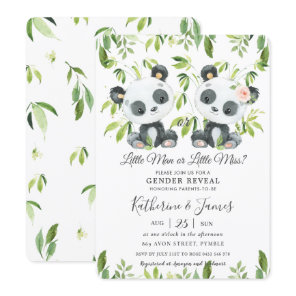 Cute Pandas Greenery Gender Reveal Baby Shower   Invitation