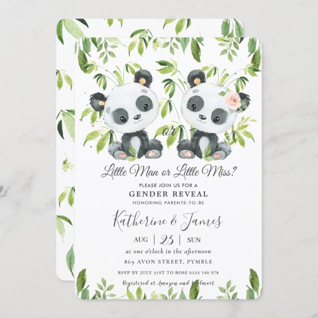 Cute Pandas Greenery Gender Reveal Baby Shower   Invitation (Front/Back)