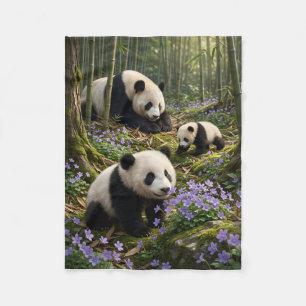 Cute Pandas In Enchanted Green Forest Nature Scene Fleece Blanket