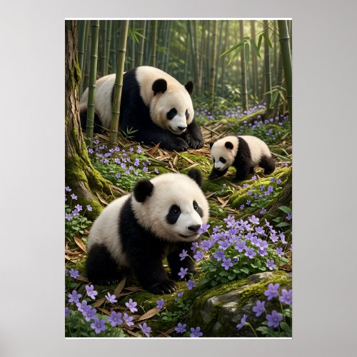 Cute Pandas In Enchanted Green Forest Nature Scene Poster