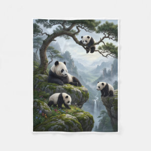 Cute Pandas In Green Forest Branches Art Fleece Bl Blanket