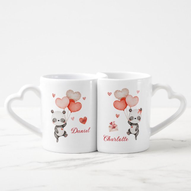 Cute Pandas in Love Red Hearts Valentine's Couple Coffee Mug Set (Front Nesting)